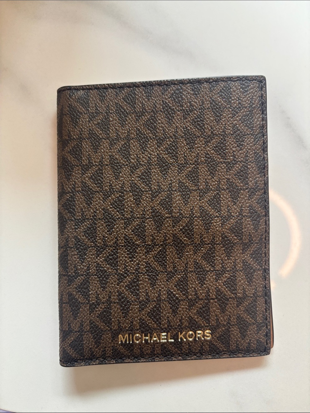 Michael Kors Brown MK Monogram Card & Passport Holder with Gold Logo